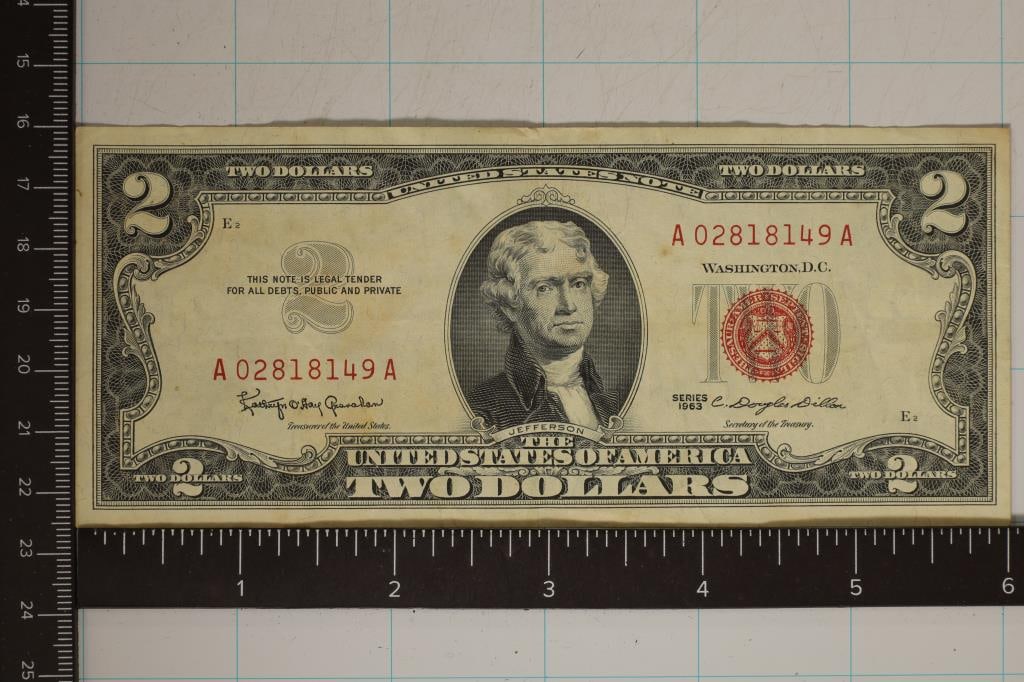 1963 US $2 RED SEAL BILL WITH SOME STAINING (1 of 2)