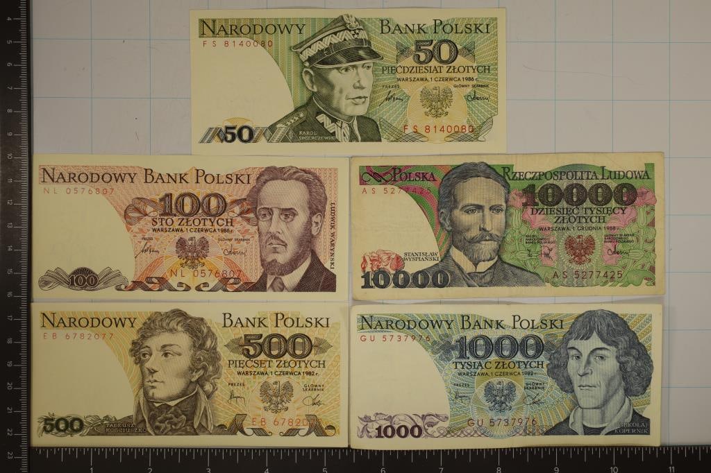 5-POLISH BILLS: 1986-50 ZLOTYCH CU, 1986-100: ZLOTYCH CU, 1982-500 ZLOTYCH CU, 1982-1000 ZLOTYCH AND 1988-10000 ZLOTYCH