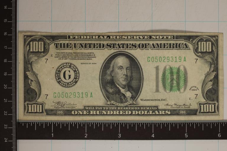 1934 US $100 FEDERAL RESERVE NOTE GREEN SEAL (1 of 2)