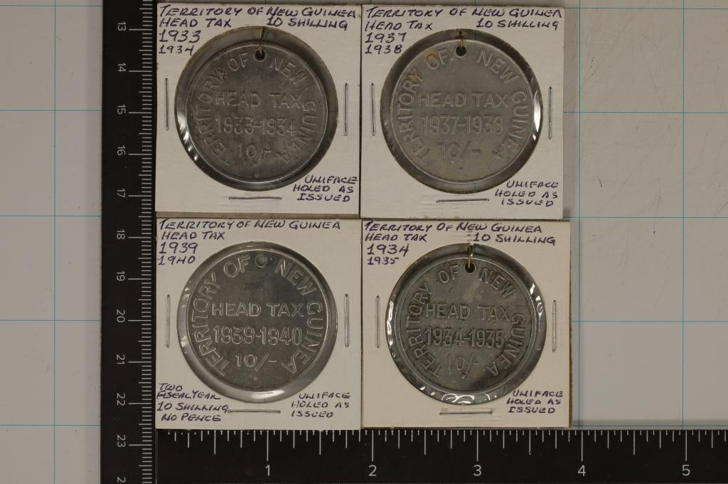 4-TERRITORY OF NEW GUINEA 1930'S HEAD TAX TOKENS (1 of 2)