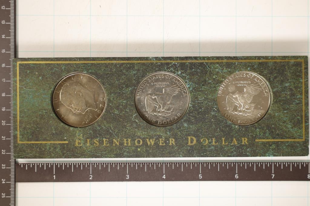 3-IKE DOLLARS MOUNTED IN STONE DISPLAY: 1972-P & D (1 of 2)