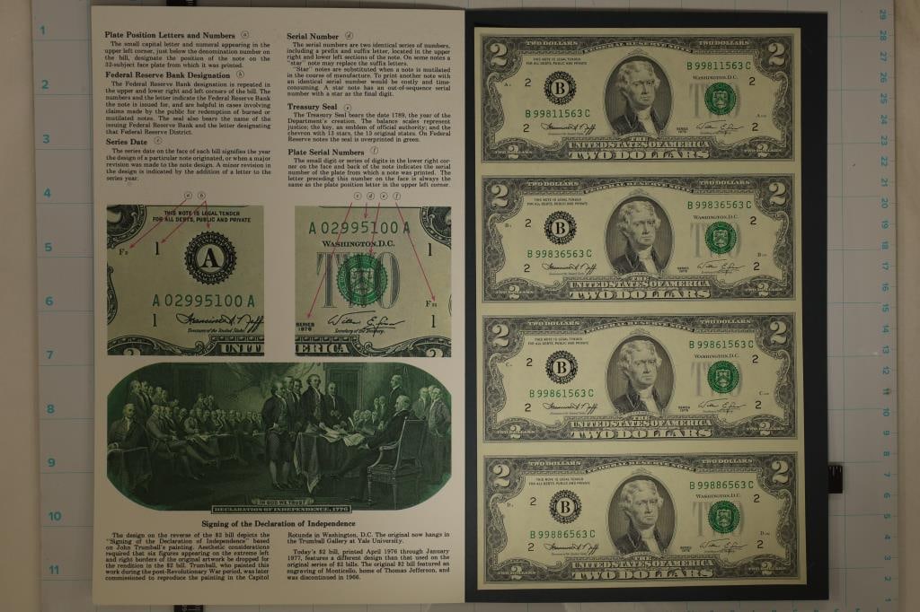 UNCUT SHEET OF 4-1976 US $2 GREEN SEAL BILLS IN: NICE FOLIO AND ENVELOPE, CRISP UNC