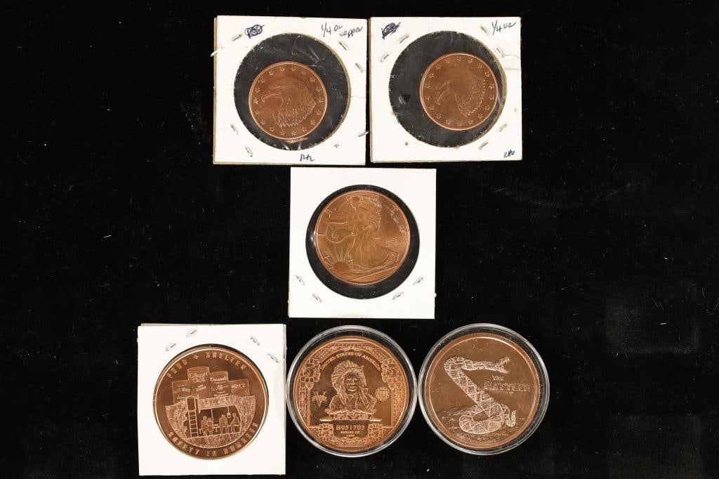 6- .999 FINE COPPER PROOF ROUNDS: 3-1 OZ., (1 of 2)