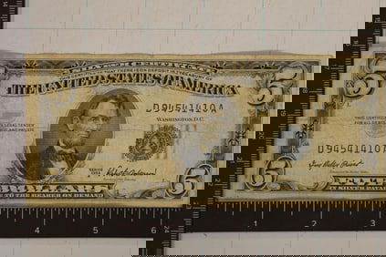 1953-A US $5 SILVER CERT, BLUE SEAL.