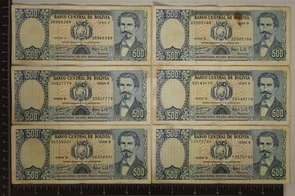 6-1981 BOLIVIA 500 PESO BOLIVANOS COLORIZED BILLS