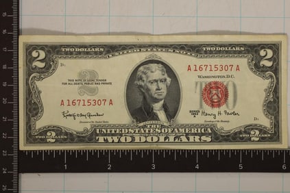 1963-A US $2 RED SEAL BILL. CRISP