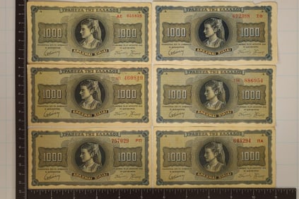 6-1942 GREECE 1000 DRACHMAI BILLS. ONE HAS SMALL