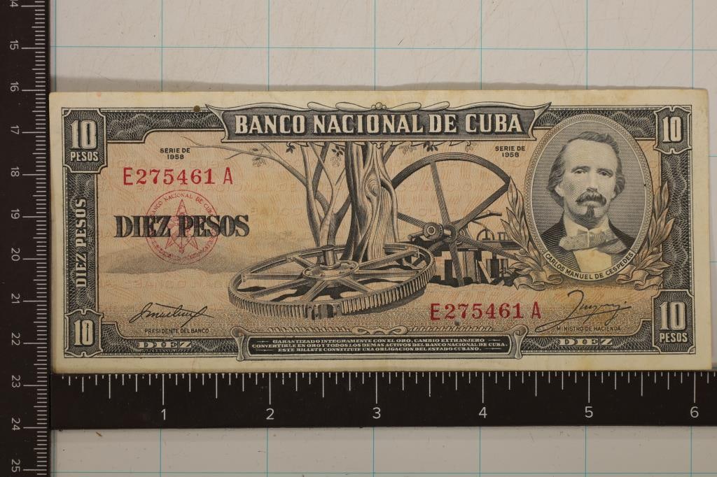 1958 CUBA 10 PESO BILL 2 SMALL PUNCH HOLES CRISP: WATCH FOR OUR NEXT AUCTION ON MONDAY OCT. 28TH, 2024 AT 7 PM EDT