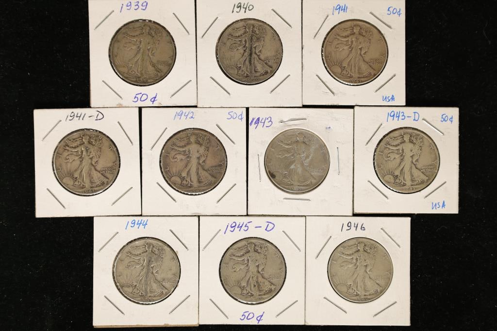10-SILVER WALKING LIBERTY HALF DOLLARS: 1939, (1 of 2)