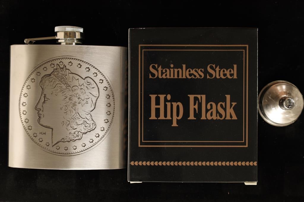 6 OZ. STAINLESS STEEL HIP FLASK WITH MORGAN $: DESIGN BRAND NEW IN PACKAGING WITH FUNNEL