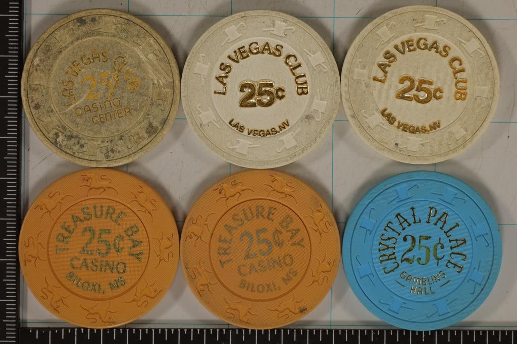 6 PLASTIC 25 CENT CASINO GAMING TOKENS:: LAS VEGAS CLUB, REASURE BAY AND CRYSTAL PALACE