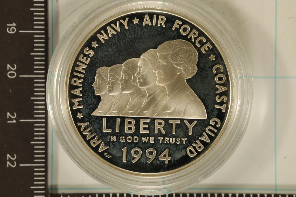 1994-P US PROOF SILVER "WOMEN IN MILITARY" DOLLAR: IN HARD PLASTIC CAPSULE