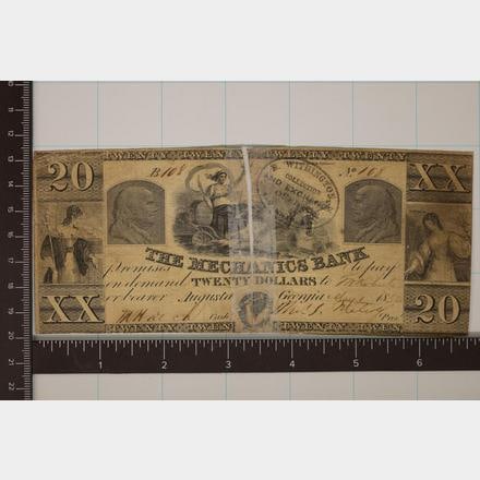 1850 THE MECHANICS BANK $20 OBSOLETE BANK NOTE: HAND SIGNED AND NUMBERED BILL HAS BEEN TAPED TOGETHER