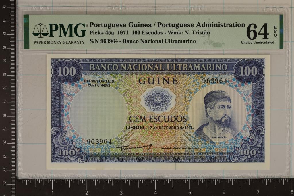 1971 PORTUGUESE GUINEA 100 ESCUDOS WMK: N.: TRISTAO PMG 64 CHOICE UNC ECXEPTIONAL PAPER QUALITY