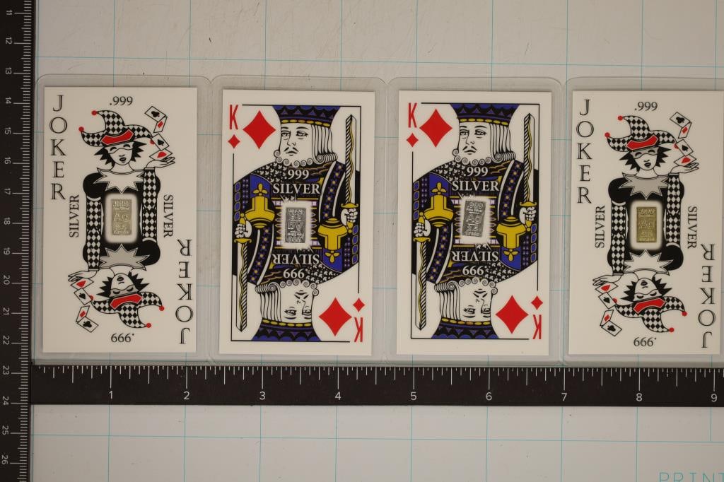 4-2.5 GRAIN .999 FINE SILVER INGOTS IN LAMINATED: PLAYING CARDS, TWO JOKERS AND 2 KING DIAMONDS