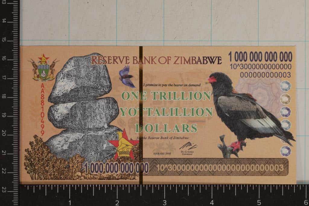 2008 ZIMBABWE 1 TRILLION YOTTALILLION DOLLAR CRISP: UNC COLORIZED BILL.