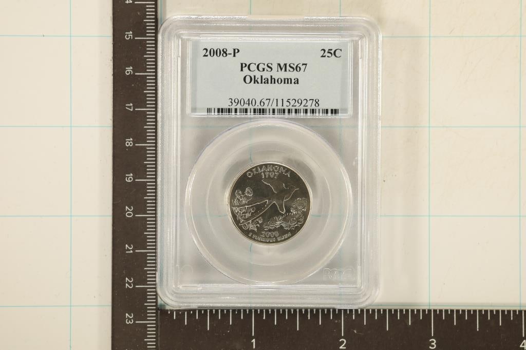 2008-P OKLAHOMA QUARTER PCGS MS67: CHECK OUT OCEANSIDEENGRAVING.COM FOR CUSTOM MADE LASER CUT PRODUCTS AND ENGRAVINGS. THANK YOU FOR CHECKING IT OUT.