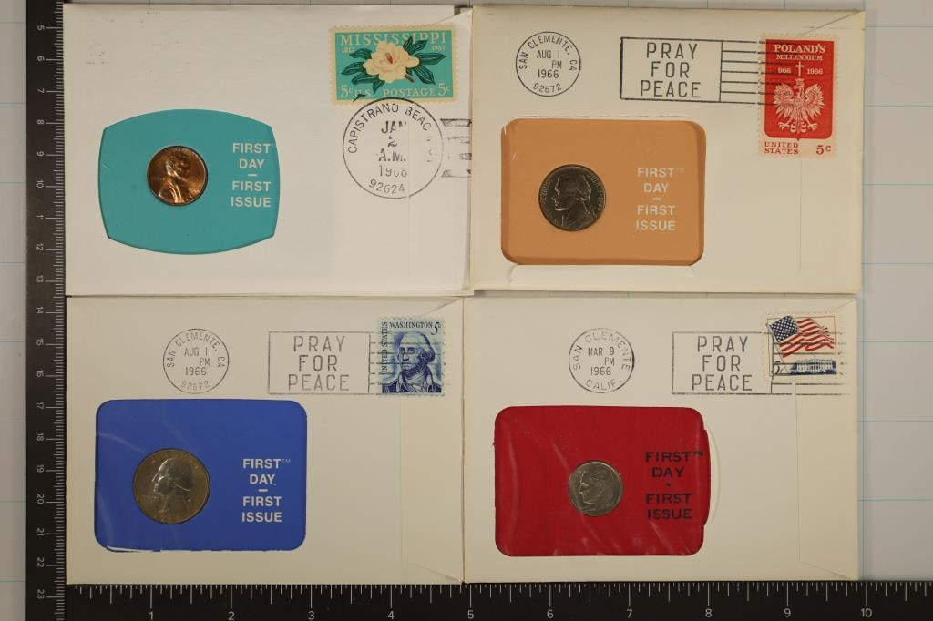 4-US COINS IN FDC'S: 1966 WASHINGTON QUARTER (1 of 2)