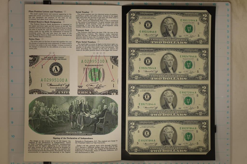 UNCUT SHEET OF 4-1976 CU US $2 GREEN SEAL BILLS: IN MINT FOLIO AND BLUE OUTER ENVELOPE