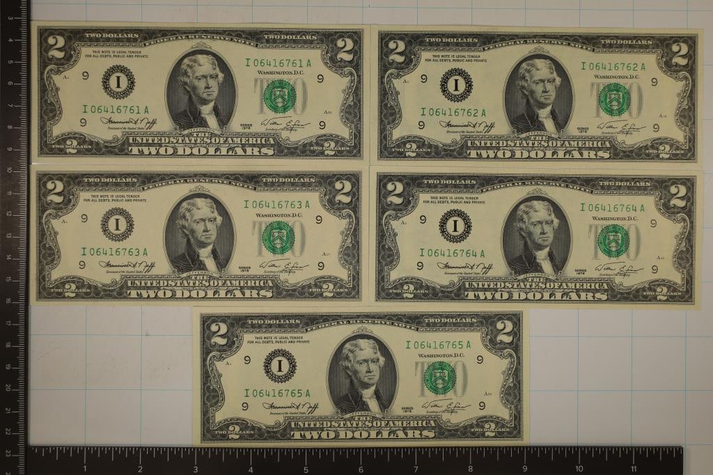 5-1976 US $2 BILLS ALL CONSECUTIVE SERIAL NUMBERS (1 of 2)