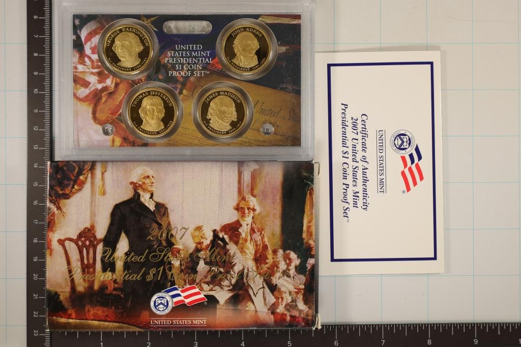 2007 US PRESIDENTIAL DOLLAR 4 COIN PF SET WITH BOX: AND WITH CERTIFICATE