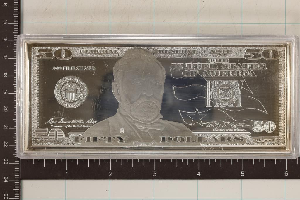 1 OZ. .999 FINE SILVER $50 BILL IN PLASTIC & CERT. (1 of 2)