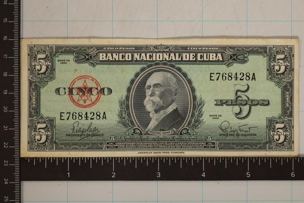 1960 CUBA 5 PESO BILL WITH "MAXIMO GOMEZ" SOME: STAINING
