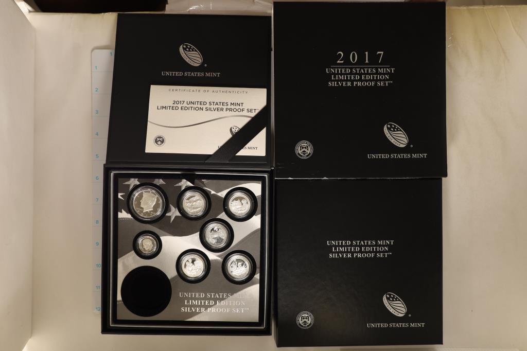 2017 LIMITED EDITION US SILVER PF SET MISSING ASE: IN ORIGINAL US MINT PACKAGING AND WITH CERTIFICATE, BOX IS A LITTLE ROUGH ON THE EDGE
