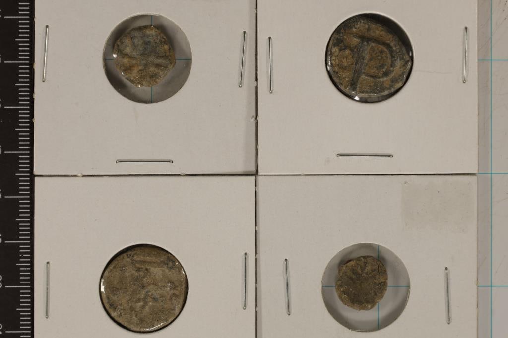 4 ANCIENT TO MEDIEVAL CLAY & LEAD MOLDED COIN SIZE: SEAL IMPRESSION, USED IN ANCIENT TIMES AS A FORM OF SIGNATURE