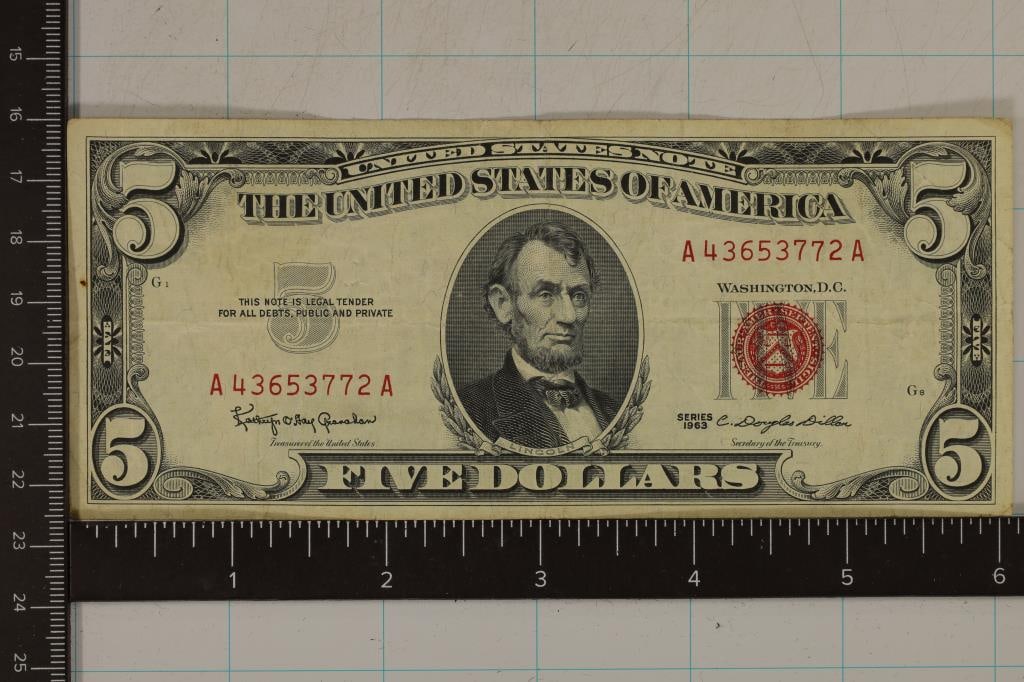 1963 US $5 RED SEAL BILL EXTRA FINE 1 TINY STAIN (1 of 2)