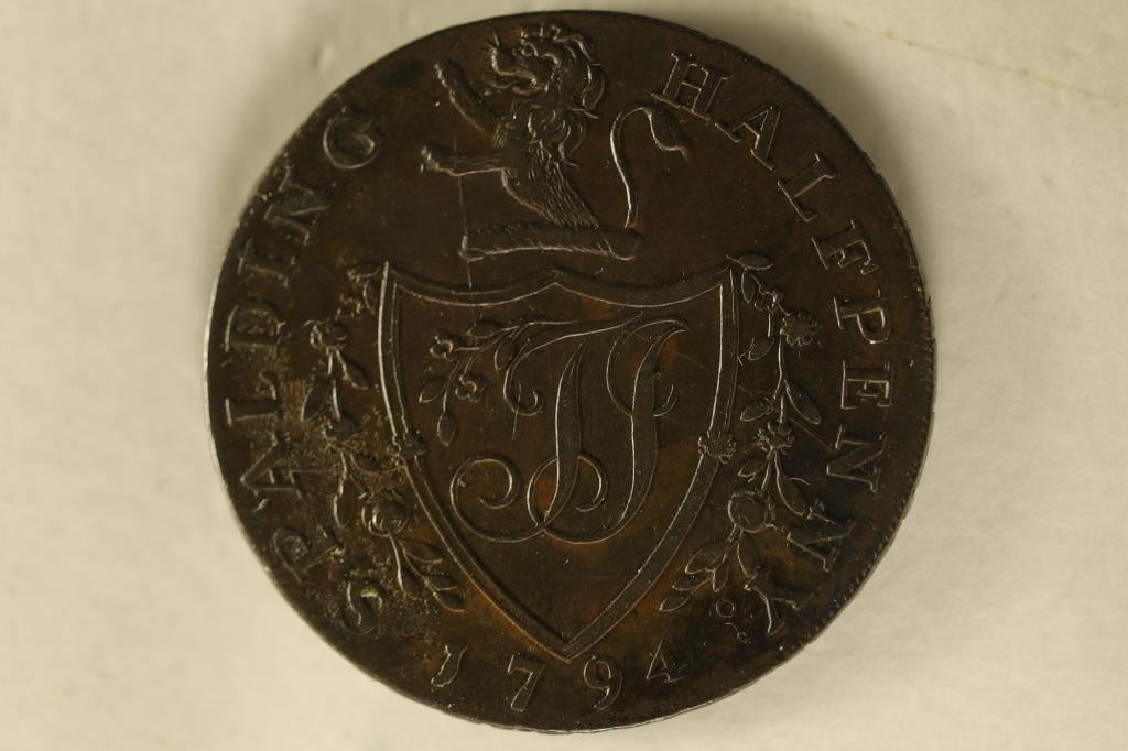 1794 CONDER TOKEN. THEY R MOSTLY 18TH CENTURY: PROVINCIAL TOKENS PRIVATELY MINTED TOKEN COINAGE STRUCK AND USED DURING THE LATTER PART OF THE 19TH CENTURY IN ENGLAND. SIMILAR TO OUR CIVIL WAR AND HARD TIMES TOKENS. SPALDING HALF PENNY SUCCES TO TH