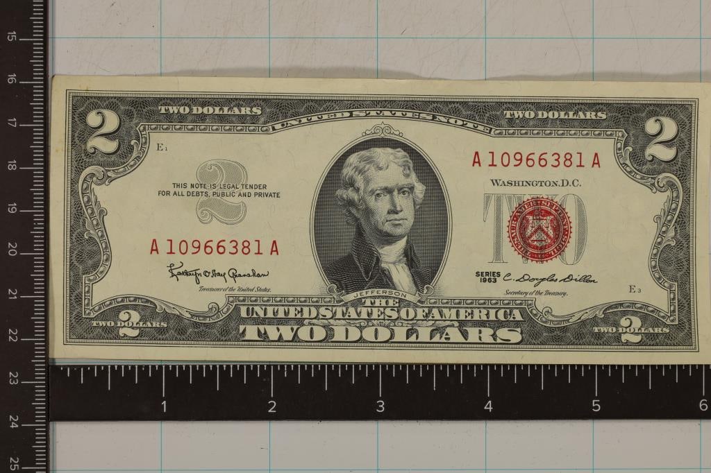 CRISP AU 1963 US RED SEAL $2 BILL, CLEAN WHITE (1 of 2)