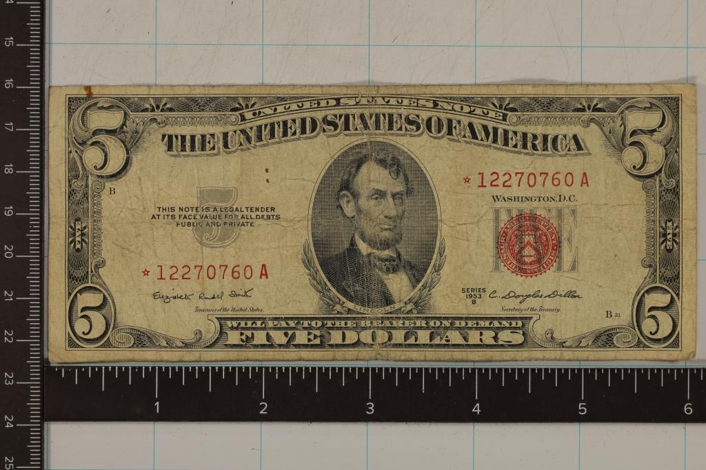 STAR NOTE 1953-B US RED SEAL $5 NOTE CIRCULATED (1 of 2)