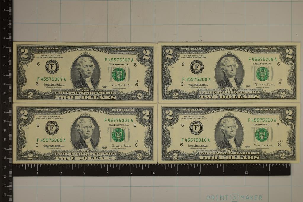 4-1995 US $2 FRN'S CU WITH CONSECUTIVE SERIAL #'S: WATCH FOR OUR NEXT AUCTION ON MONDAY DEC. 2ND, 2024 AT 7 PM EST