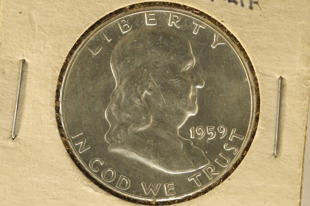 1959 SILVER FRANKLIN HALF DOLLAR UNC: WATCH FOR OUR NEXT AUCTION ON MONDAY DEC. 2ND, 2024 AT 7 PM EST