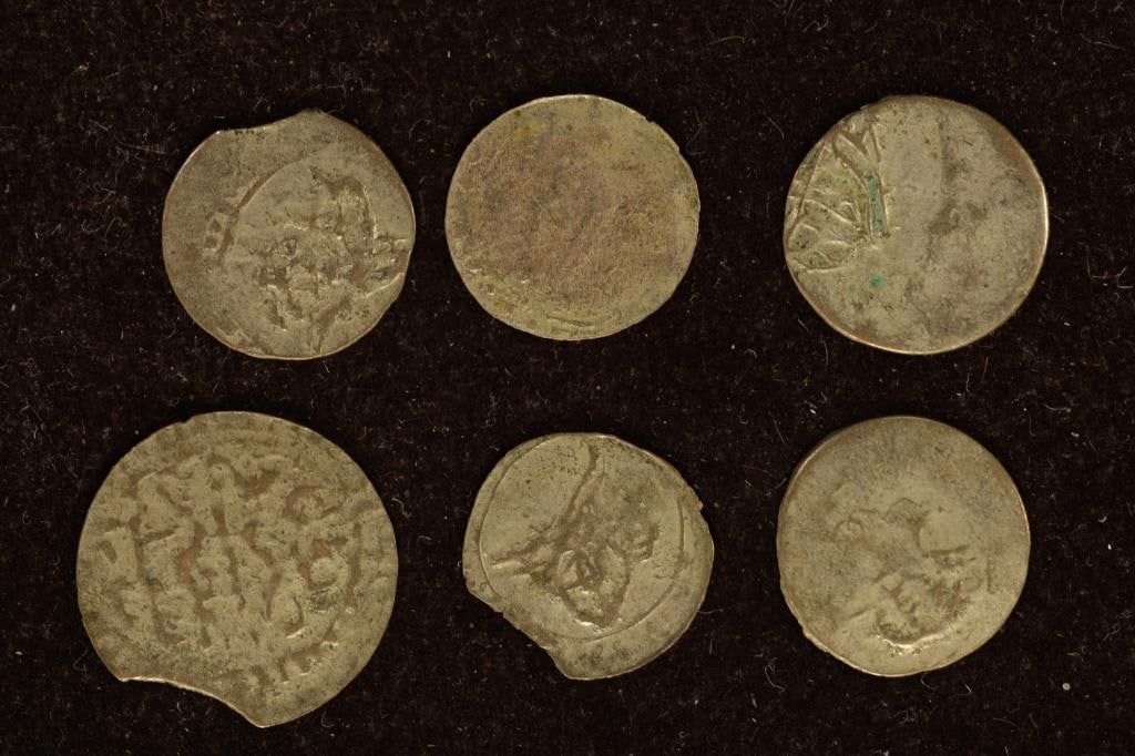6 SILVER DIME SIZED OTTOMAN EMPIRE PARA COINS:: BELLY DANCER COINS FROM THE 1700'S - 1800'S