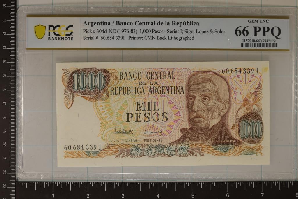 ARGENTINA 1000 PESO BILL PCGS PPQ GEM UNC: PRINTER: CMN BACK LITHOGRAPHED, SIGNED BY LOPEZ & SOLAR