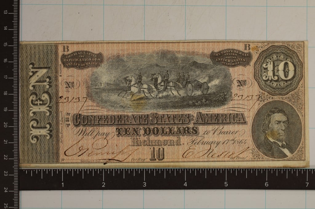 1864 CONFEDERATE STATES OF AMERICA $10: HAND SIGNED AND NUMBERED, GREAT SHAPE, SOME SMALL STAINS NOTED