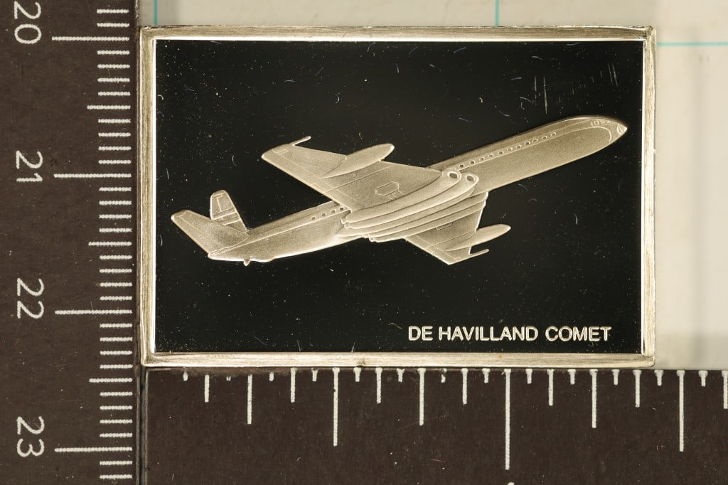 .62 TROY OZ. PROOF STERLING SILVER AIRPLANE INGOT: DE HAVILLAND COMET EDGE MARKED