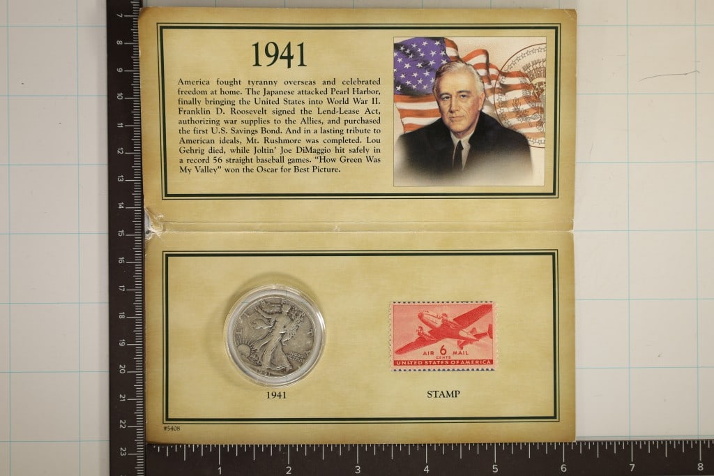 WALKING LIBERTY HISTORIC COIN AND STAMP SET. (1 of 3)