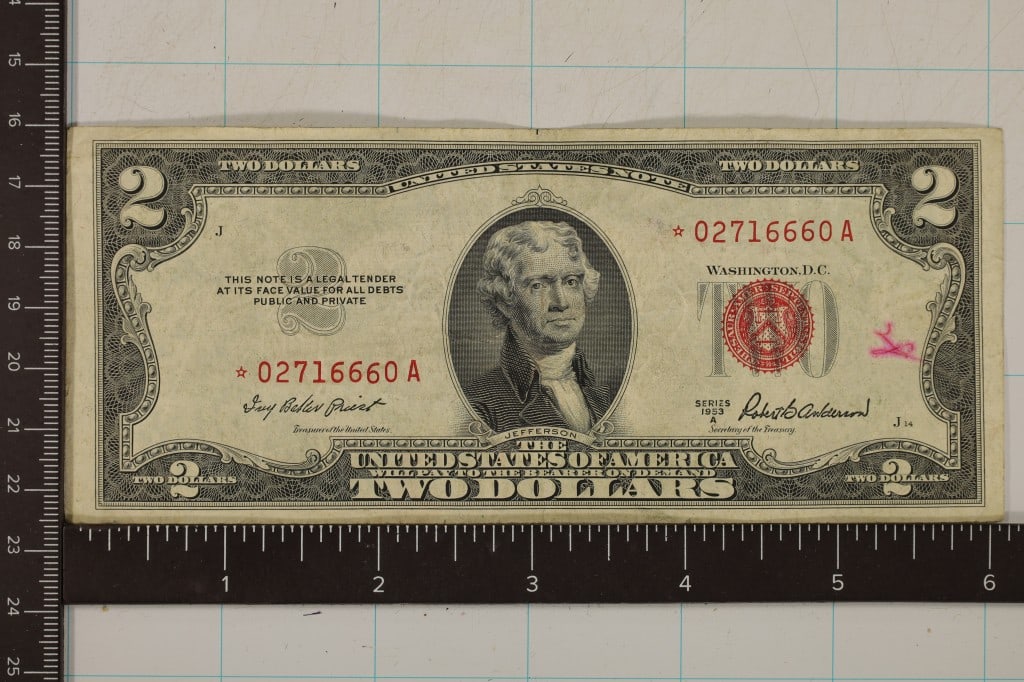 1953-A US $2 STAR NOTE RED SEAL BILL.  SMALL INK (1 of 2)