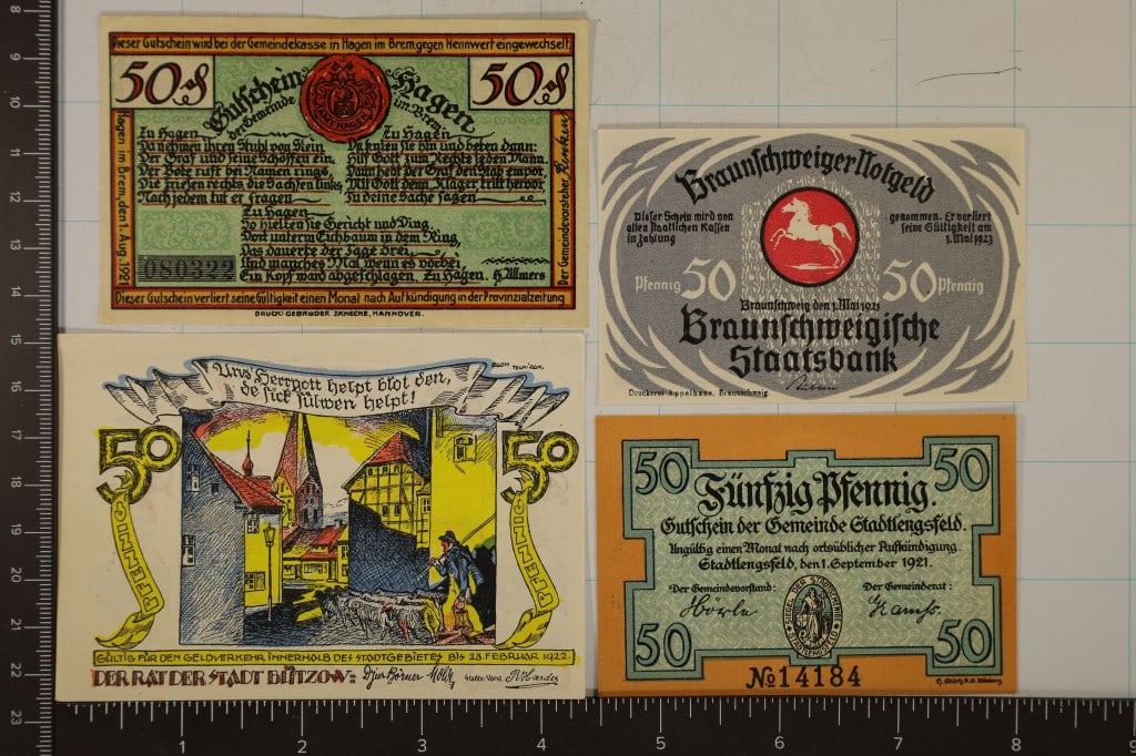 4 CIRCA 1920'S GERMAN CU 50 PFENNING NOTGELDS (1 of 2)