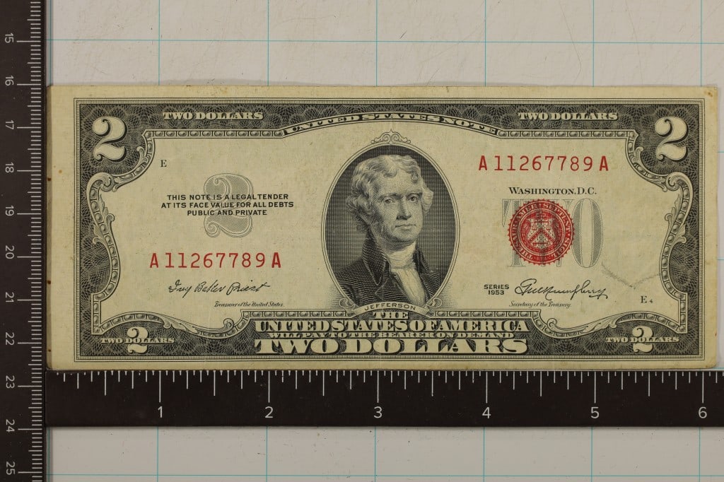 BIRTHDAY NOTE 1953 US $2 RED SEAL NOTE A11267789A (1 of 2)