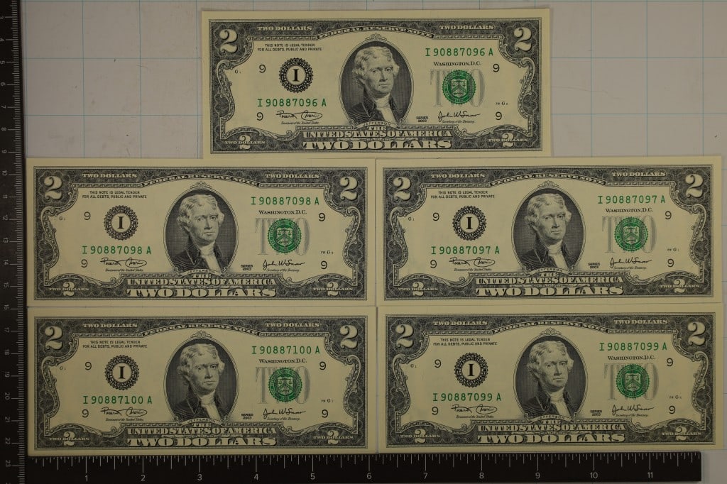 5-2003 US $2 FRN, GREEN SEALS WITH CONSECUTIVE (1 of 2)