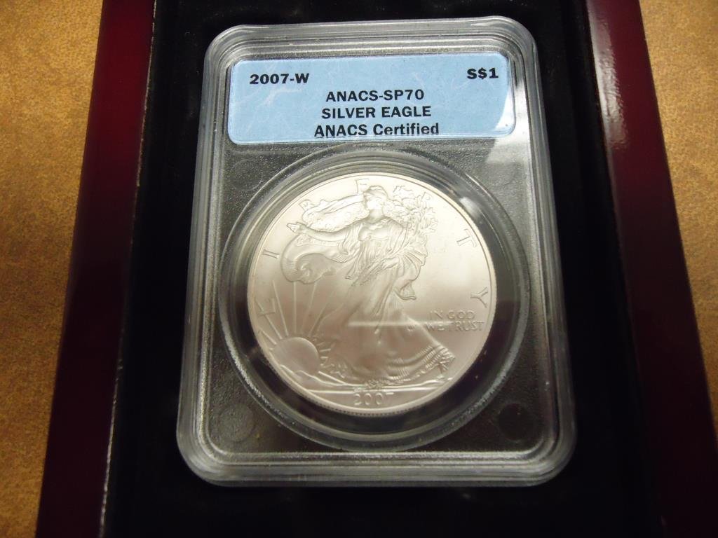 2007-W AMERICAN SILVER EAGLE ANACS SP70 IN NICE CHERRY (1 of 3)