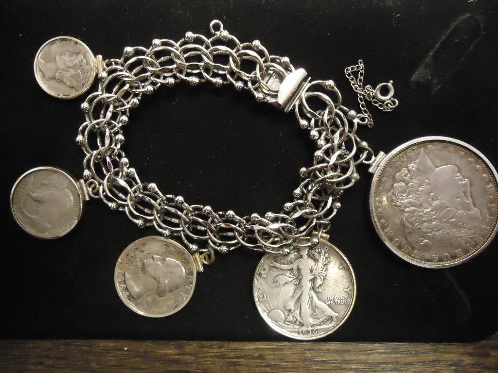 NICE STERLING COIN BRACELET CONTAINS:1902 MORGAN $ 1936 (1 of 2)