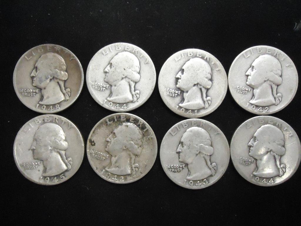 8 ASSORTED WASHINGTON SILVER QUARTERS (1 of 2)
