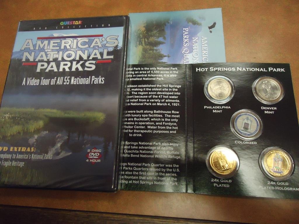 2010 HOT SPRINGS NATIONAL QUARTER SET & 2 DVD SET P & D: P & D MINT UNC, COLORIZED, 24KT. GOLD PLATED AND 24KT GOLD PLAGTED HOLOGRAM