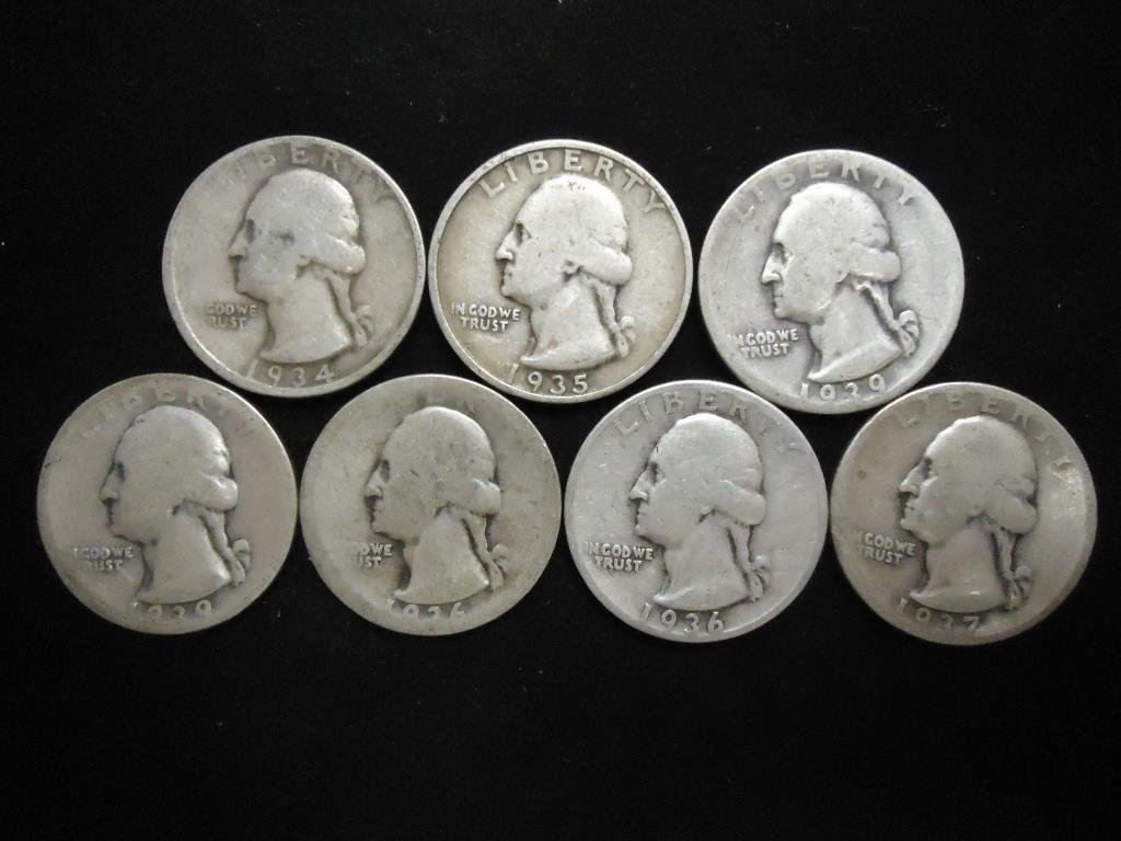 7 ASSORTED 1930'S WASHINGTON SILVER QUARTERS (1 of 2)