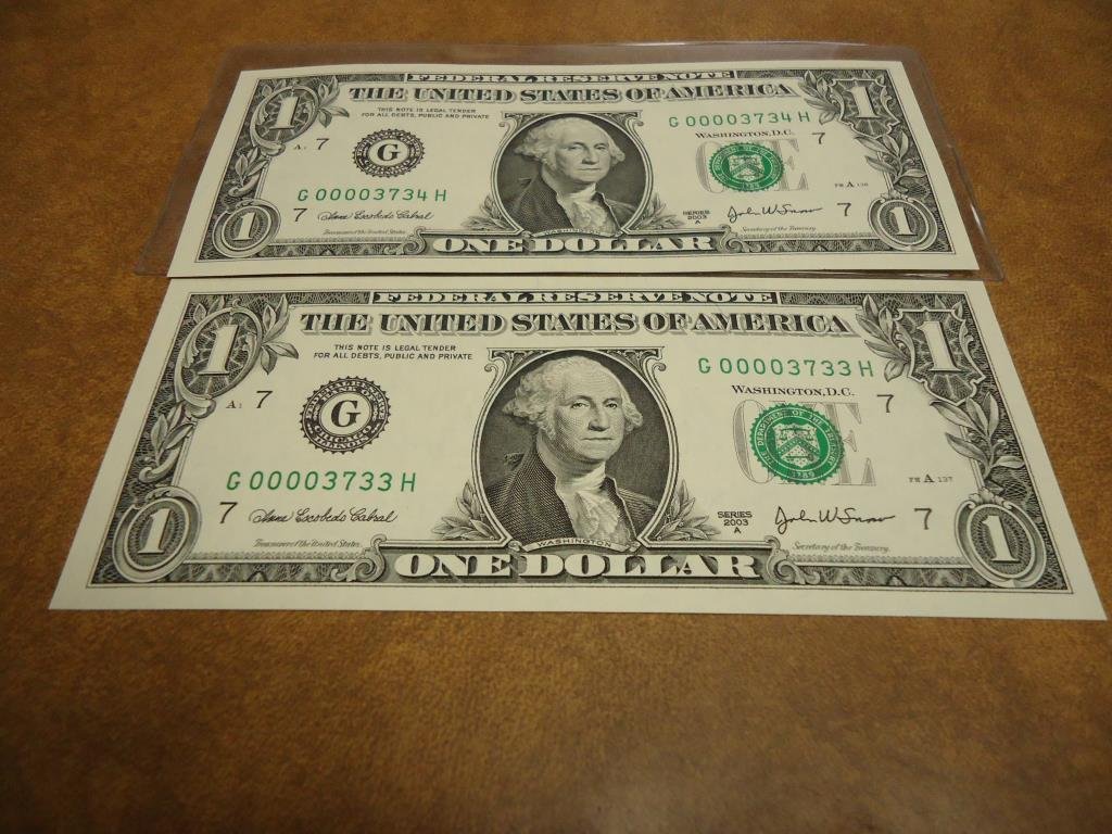 2-2003-A $1 FRN'S LOW CONSECUTIVE SERIAL 'S UNC SERIAL: SERIAL NUMBERS ARE:G00003733H-G00003734H